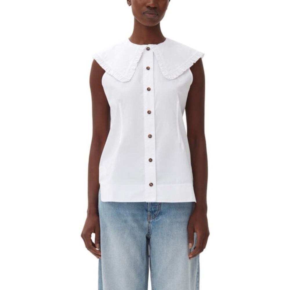 Ganni Sleeveless Cotton Poplin Frill Shirt